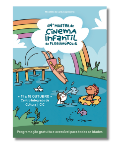 Capa do folheto com a programação da vigésima quarta Mostra de Cinema Infantil de Florianópolis, com crianças brincando em rio, arco-íris ao fundo e animais ao redor.