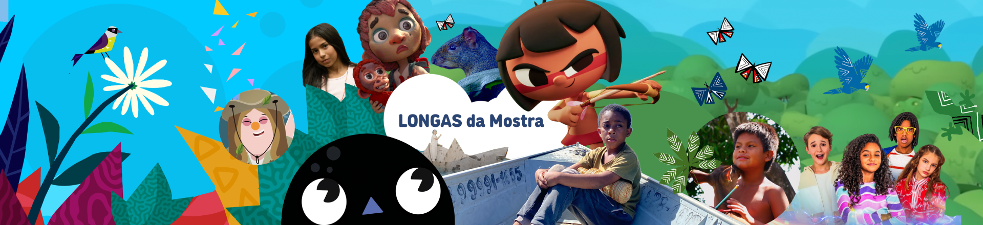Composição colorida com crianças, personagens animados e elementos da natureza como pássaros e borboletas sobre fundo verde, com o texto “Longas da Mostra” destacado em balão branco.