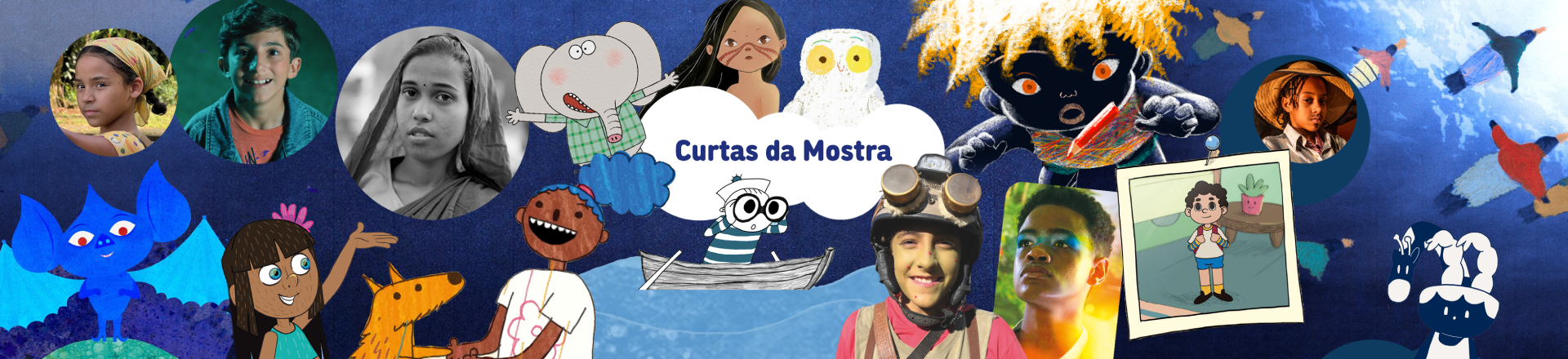 Montagem vibrante com personagens de animação e crianças de diferentes origens, mesclando ilustrações e fotos em círculos sobre fundo azul, com o título “Curtas da Mostra” dentro de um balão branco.