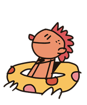 Ilustração de criança com cabelo vermelho dentro de uma boia amarela com bolinhas coloridas.