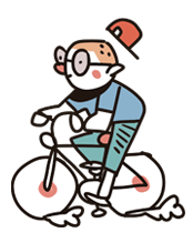 Ilustração de criança de óculos pedalando bicicleta, usando boné vermelho virado para trás.