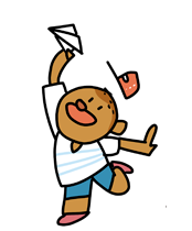 Ilustração de criança sorridente correndo, levantando um avião de papel com uma mão erguida.