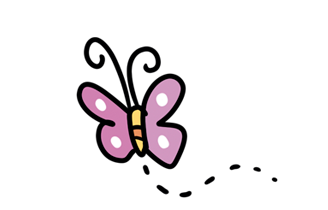 Ilustração de borboleta roxa com manchas rosas e antenas pretas, voando com rastro pontilhado.