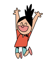 Ilustração de criança sorridente saltando, braços erguidos, cabelo preto alto, camisa vermelha e bermuda azul-clara.