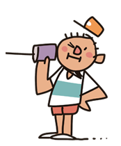 Ilustração de menino sorridente, com chapéu laranja inclinado, segurando telefone de lata na orelha.