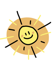 Ilustração de sol amarelo sorridente, com raios em preto e amarelo ao redor.