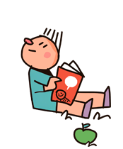 Ilustração de criança sentada no chão, lendo um livro vermelho com balão de fala, maçã verde caída à frente.