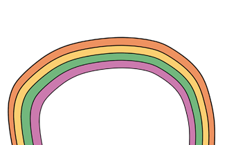 Ilustração de arco-íris completo com cinco faixas coloridas em laranja, amarelo, verde, rosa e lilás.