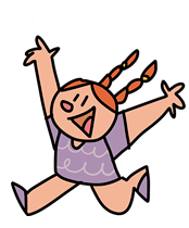 Ilustração de criança com duas tranças ruivas, sorrindo e pulando com os braços erguidos.