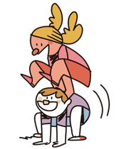 Ilustração de duas crianças brincando, uma agachada servindo de apoio enquanto a outra pula por cima dela.