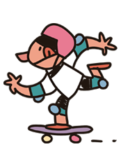 Ilustração de criança com capacete rosa e joelheiras, equilibrando-se em um skate colorido.
