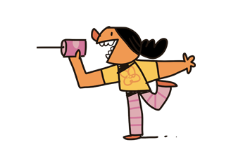 Ilustração de criança sorridente com cabelo preso, camiseta amarela e calça listrada rosa, segurando telefone de copo com barbante.