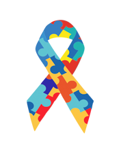 Ilustração de laço colorido formado por peças de quebra-cabeça em azul, amarelo, vermelho e verde, símbolo do autismo.