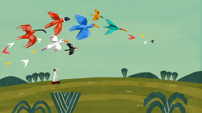 Ilustração colorida mostrando um campo verde com árvores estilizadas e, ao fundo, uma figura humana pequena olhando para o céu. Acima dela, um grupo de pássaros de cores vibrantes — vermelhos, azuis, verdes, laranja, preto e branco — voa em formação, criando um contraste dinâmico no céu claro.