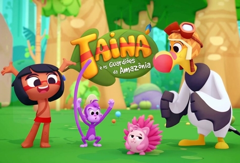 Ilustração colorida da série infantil “Tainá e os Guardiões da Amazônia”, mostrando a personagem Tainá sorridente ao lado de um macaco roxo, um ouriço cor-de-rosa e um urubu com óculos na cabeça, em cenário de floresta.