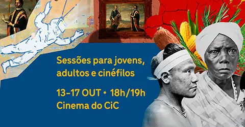 Montagem colorida com fotografias e ilustrações de pessoas negras e indígenas. Ao centro, texto amarelo sobre fundo azul: “Sessões para jovens, adultos e cinéfilos. Treze a dezessete de outubro, dezoito horas e dezenove horas. Cinema do CIC.”