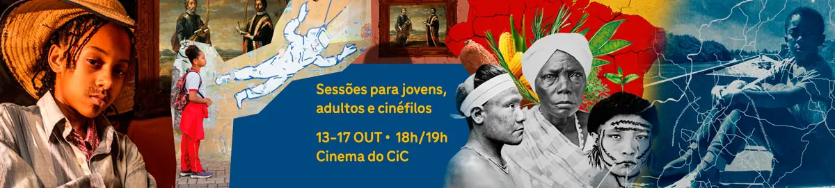 Montagem colorida com fotografias e ilustrações de pessoas negras e indígenas. Ao centro, texto amarelo sobre fundo azul: “Sessões para jovens, adultos e cinéfilos. Treze a dezessete de outubro, dezoito horas e dezenove horas. Cinema do CIC.”