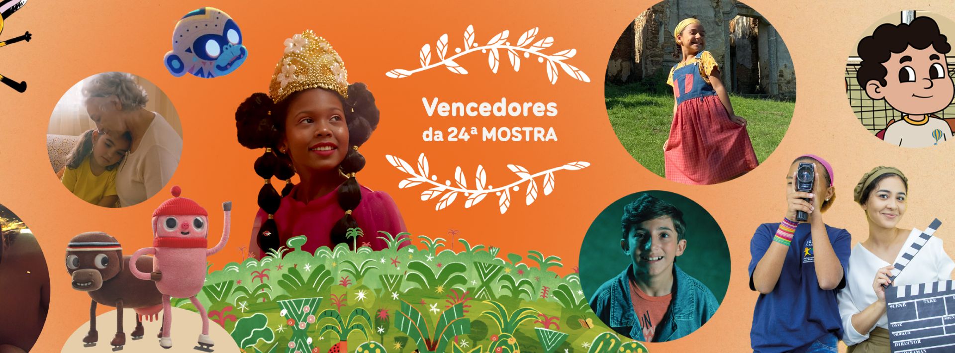 Banner colorido com fundo laranja mostra o texto “Vencedores da vigésima quarta Mostra” cercado por personagens animados e crianças sorridentes de diferentes filmes.
