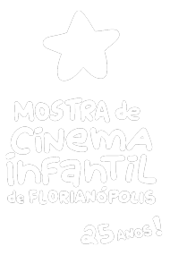 Logotipo branco com estrela no topo e texto “MOSTRA de CINEMA infantil de FLORIANÓPOLIS” e “vinte e cinco anos!”