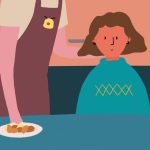 Animação de uma menina sentada à mesa enquanto uma mão adulta serve comida em seu prato.