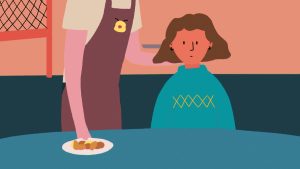 Animação de uma menina sentada à mesa enquanto uma mão adulta serve comida em seu prato.