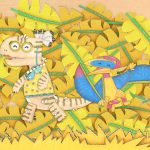 Ilustração em colagem de duas criaturas coloridas caminhando entre folhas amarelas, uma delas usa óculos.