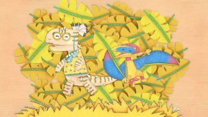 Ilustração em colagem de duas criaturas coloridas caminhando entre folhas amarelas, uma delas usa óculos.