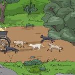 Animação de uma menina pedalando uma bicicleta acompanhada por gatos em uma estrada arborizada.
