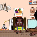 Ilustração de mulher e menina negras separando feijão à mesa, em uma cozinha; a camiseta traz “Brasil”.