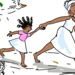 Ilustração de mulher negra de branco correndo de mãos dadas com uma menina, em cenário com coqueiro, ave e caranguejo.
