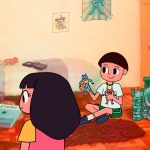 Animação de duas crianças em um quarto, com um robô verde e brinquedos espalhados.