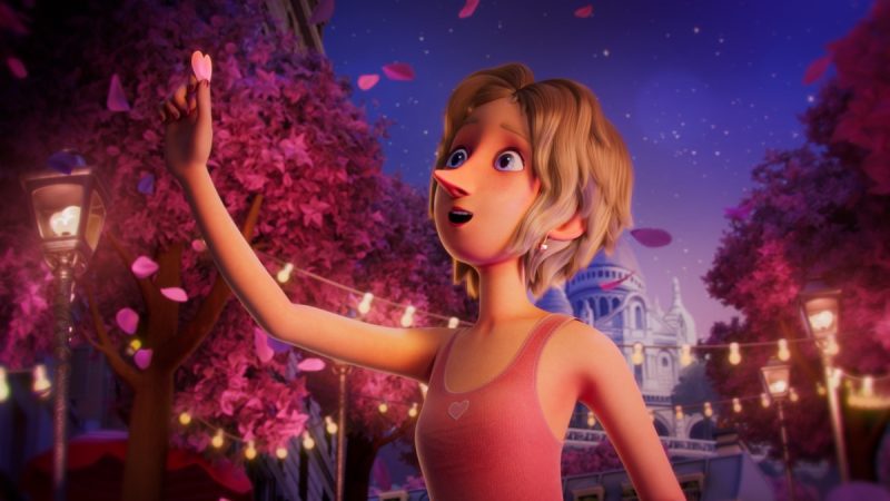 Animação de personagem feminina admirando uma pétala rosa em rua iluminada, com árvores floridas ao fundo.