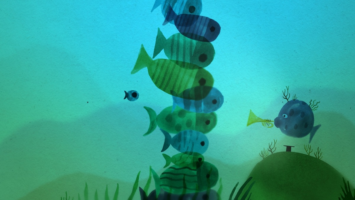 Animação mostra peixes coloridos nadando ao redor de uma grande formação vertical composta por outros peixes.