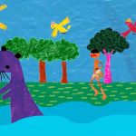 Ilustração infantil de menino indígena à beira do rio, com sol, pássaros, árvores e animal roxo na água.