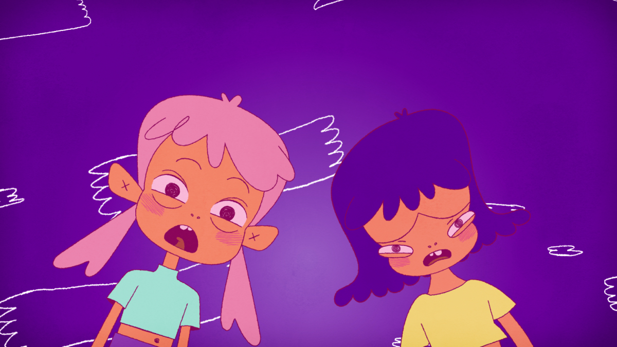 Animação de duas meninas olhando para baixo com expressão assustada, sobre fundo violeta com traços brancos.