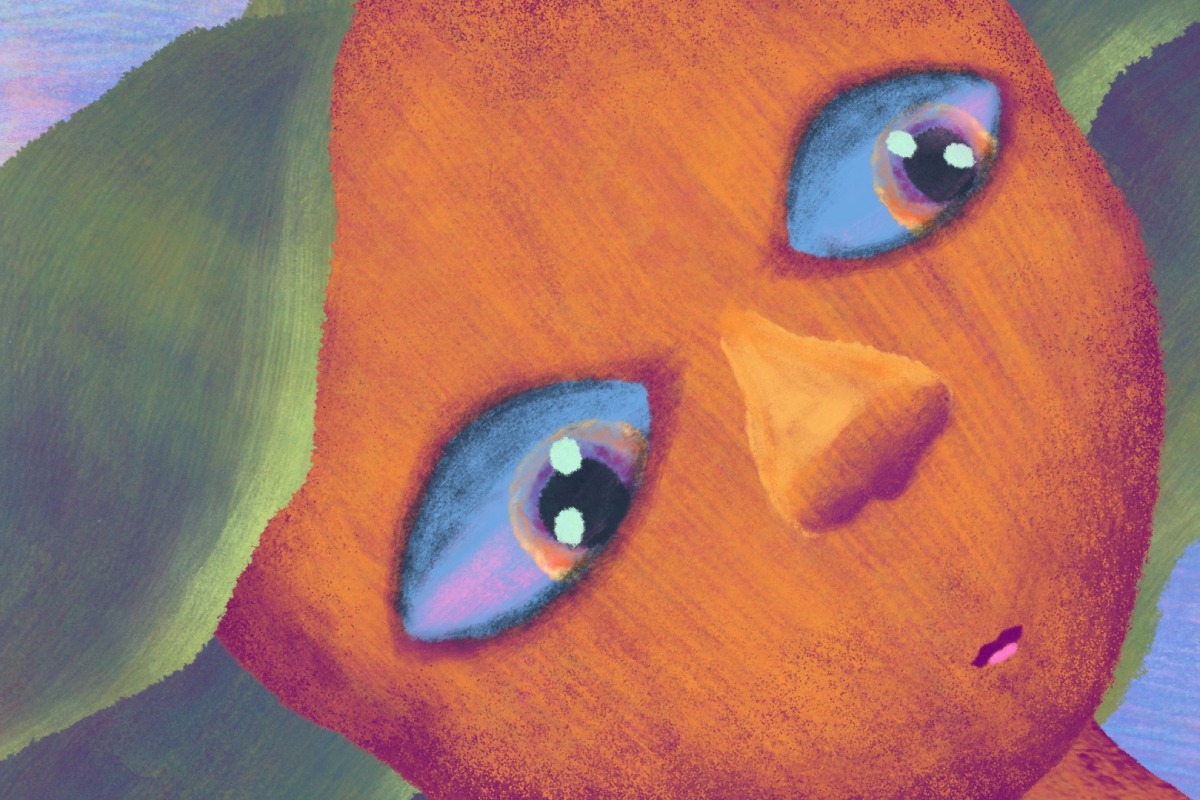 Ilustração em close de rosto alaranjado, com olhos azuis grandes e expressão curiosa sobre fundo colorido.