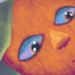 Pintura em close de um rosto alaranjado com grandes olhos azuis e formas multicoloridas.