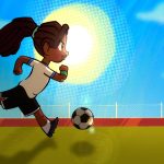 Animação de menina negra correndo para chutar uma bola de futebol em campo, sob sol e céu azul.