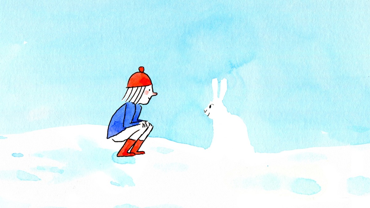 Animação em aquarela mostra criança agachada na neve diante de um coelho branco.