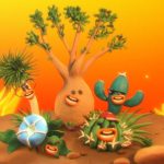 Animação em stop motion de personagens vegetais sobre solo seco, cercados por chamas.