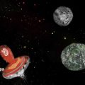 Animação mostra um pião vermelho girando pelo espaço entre pequenos asteroides e planetas.