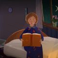 Animação mostra menina de pijama segurando um livro aberto ao lado da cama, em quarto iluminado pela noite.