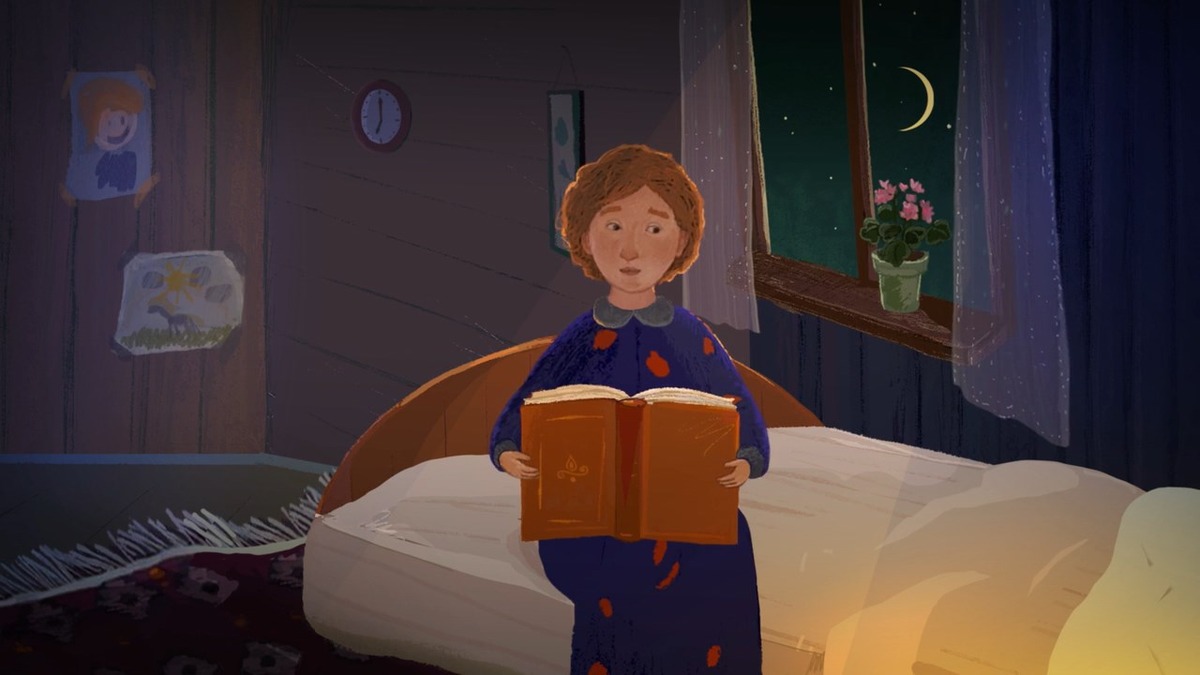 Animação mostra menina de pijama segurando um livro aberto ao lado da cama, em quarto iluminado pela noite.