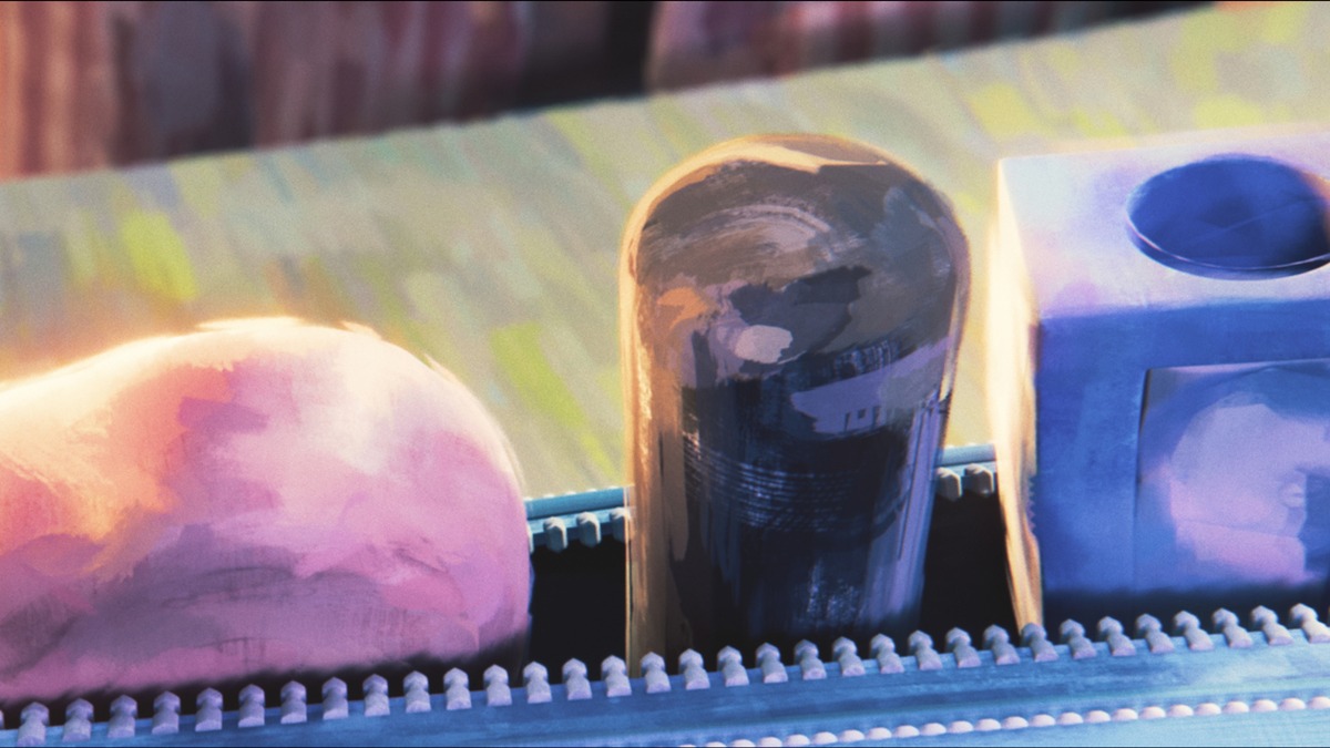 Animação em stop motion mostra três formas arredondadas pintadas em tons de rosa, preto e azul, alinhadas sobre uma estrutura.