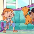 Animação mostra duas crianças sentadas em um sofá colorido, acompanhadas por um cachorro.