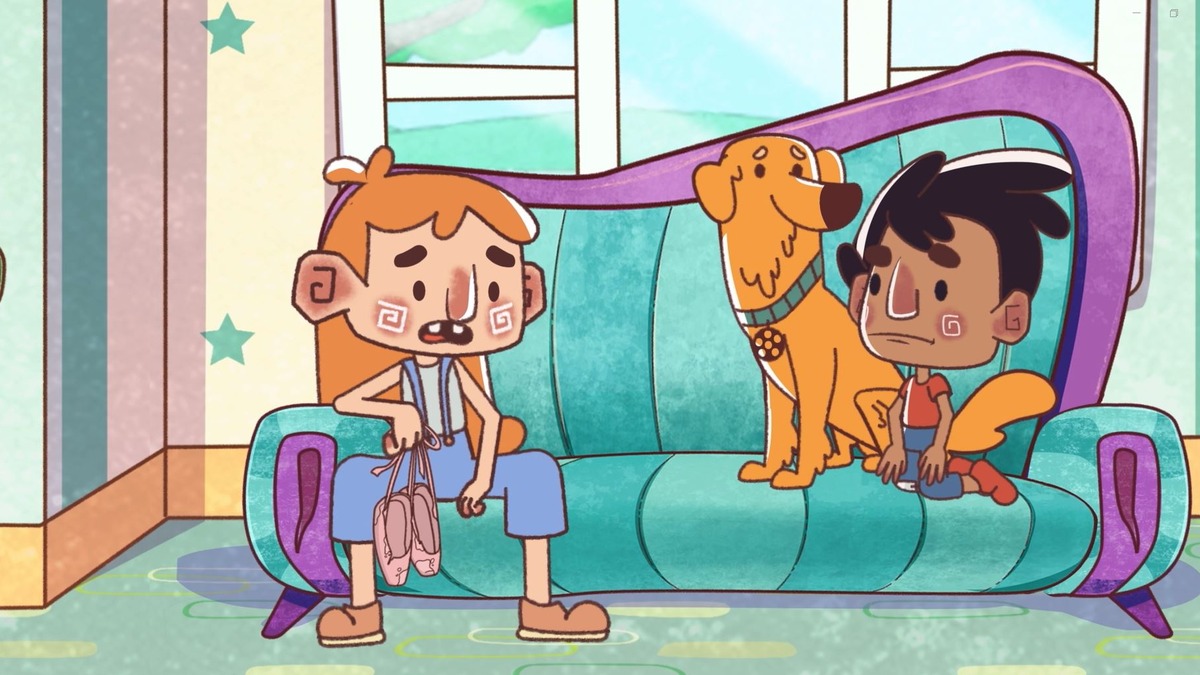 Animação mostra duas crianças sentadas em um sofá colorido, acompanhadas por um cachorro.