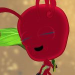 Animação de personagem vermelho, sorrindo com os olhos fechados junto a uma folha verde.