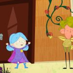 Animação de uma menina de cabelo azul diante de uma pequena personagem alada, em quarto com plantas.