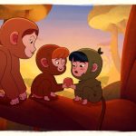 Animação mostra três pequenos macacos reunidos sobre um galho, cercados por troncos de árvores.