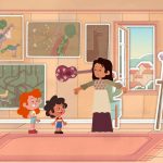 Animação de uma professora e crianças em uma sala de arte